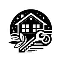 Stylized Black and White House and Key Set in Circular Starry Night Scene with Leafy Embellishment. vector