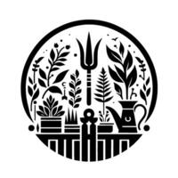 Circular Black and White Garden Illustration Featuring Plants, Tools, and a Watering Can, Framed in a Decorative Circle. vector