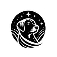 Black and White Dog Portrait Within Circular Composition, Surrounded by Stars and Swirls, Illustrative Style. vector