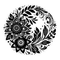 Intricate floral mandala in monochrome, featuring stylized flowers, leaves, and ornamental details, arranged in a circular composition on a white background. vector