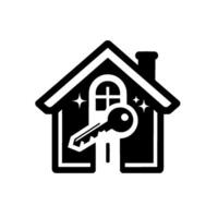 A sleek black and white real estate featuring a house silhouette with a key passing through the window. vector
