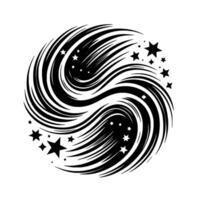 Black and white swirling vortex of energy with stars, resembling a celestial yin and yang, against a clean white backdrop. vector