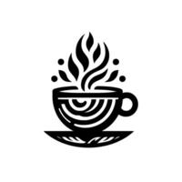 Artistic black and white featuring a stylized coffee cup with spiraling patterns, steam, and dots, set against a white background, exuding a minimalist aesthetic. vector