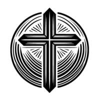 Striking monochrome illustration of a Christian cross encompassed by concentric curved and radiating lines, creating a sacred, . vector