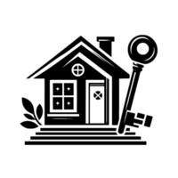 A monochromatic house and key , symbolizing homeownership, real estate, and security, designed with stylized architecture and minimal details. vector