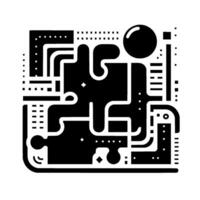 Abstract Black and White Minimalist Composition Featuring Interconnected Puzzle Pieces, Geometric Shapes, Dots, Lines, and a Sphere. vector
