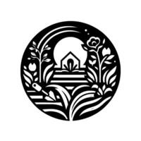 Intricate black and white circular featuring a houselike structure on a tiered garden, encircled by flora, gardening tools, and a stylized sun. vector