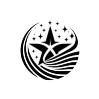 Dynamic Black Star Burst Within Circular Swoosh, Adorned with Starfield, Evoking Speed Ambition on White Background. vector