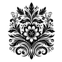 Ornate Black White Floral Damask Pattern, Symmetrical , Decorative Element with Leaves, Swirls, and Flower Center on White Backdrop. vector