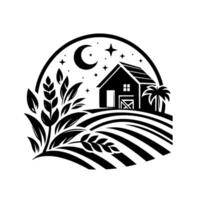 Serene monochrome farm scene barn beneath moon and stars, surrounded by fields of wheat and palm tree. vector