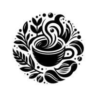 Black and white stylized coffee cup with steam amidst a botanical wreath, creating a cafe or emblem . vector