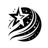 Black and White Starry Constellation Abstract A stylized celestial with a large central star and a trailing, curved cosmic element, surrounded by smaller stars. vector