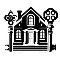 illustration of a black and white house with detailed keys on a white background with reflections. vector
