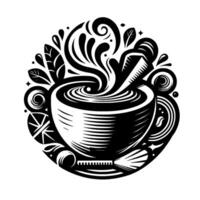 Stylized monochrome illustration of a steaming coffee cup with swirling steam, comb, and decorative elements within a circular frame. vector