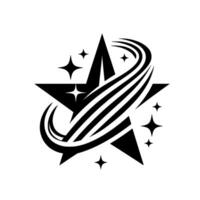 Black Star with Shooting Swirl , Surrounded by Sparkling Star Elements on White Background. vector