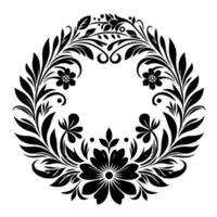 Intricate black floral wreath on white background, featuring detailed leaves, flowers, and ornamental curls, creating elegant symmetry. vector
