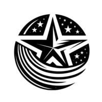 Bold Black and White Emblem Starburst with Central Star, Patriotic Stripes, and Embedded Star Clusters Within Circular Frame. vector