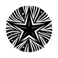 Bold Black Starburst in a Circle, with Bursting Rays, Sparkles and Orbs, on White Background. vector