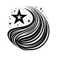 Black and White Starry Abstract , Featuring a Large Star with Swirling Lines and Accompanying Stars, on a White Background. vector