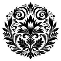 Circular Black and White Floral Damask Pattern with Elegant Symmetry and Swirls on a White Background. vector