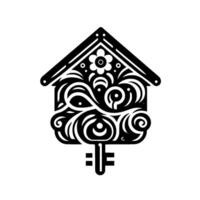 stylized black house and key with floral and swirling ornate patterns, symmetrical on white background. vector