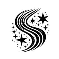 Black and white minimalist artwork of a swirling star trail with various stars and dots, creating an abstract celestial . vector