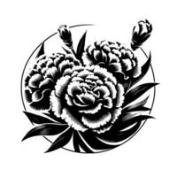 Intricate Black and White Floral Illustration Peonies, buds, and leaves within a circular frame, showcasing detailed line art and a minimalist style. vector
