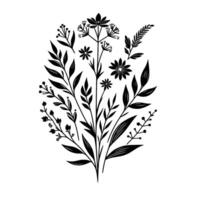 Monochrome Botanical Illustration A symmetrical bouquet of various stylized flowers and leaves with intricate detail, set against a clean white background. vector
