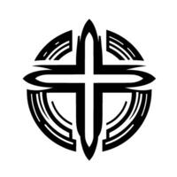 Stylized Black and White Geometric Symbol Cross Within a Circle with Architectural and Abstract Elements, Illustration. vector