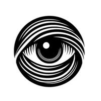 Circular, stylized illustration of an eye with bold, black lines forming concentric shapes, creating depth and a minimalist, geometric against white. vector