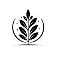 Black and white minimalist featuring a stylized leaf stem encompassed within a partially open circle, representing growth. vector
