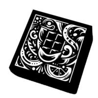 Vectorized Black and White Chocolate Bar with Ornate Floral and Citrus Accents on a Shadowed Square Canvas. vector