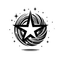 Abstract black star within a swirling sphere with starbursts, isolated on a white background, elegant . vector