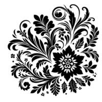 Intricate black floral ornament , stylized with a central bloom, leaves, and swirling tendrils, isolated on a white background. vector