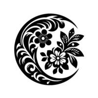 Intricate Black and White Floral in a Circular Pattern, Featuring Flowers, Leaves, and Ornamental Swirls on a White Background. vector