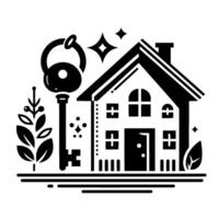 Black and white illustration of a house with key and plants, symbolizing home ownership, security and real estate with a minimalist, style. vector