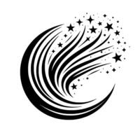 Abstract crescent with dynamic streaks of flowing lines launching a cluster of stylized stars in black and white. vector