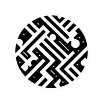 Geometric Abstract Symmetrical Black and White Circular Composition with Mazelike Lines, Dots, and Curved Shapes on White Background. vector