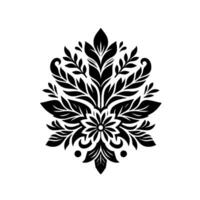 Symmetrical Black and White Floral and Leafy Damask Pattern with Detailed Foliage, Set Against a Pure White Background. vector