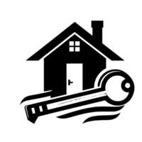 A stylized black and white real estate featuring a house silhouette, a key, and a sense of movement through curved lines, on a clean white background, signifying property access and homeownership vector