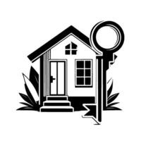 Black and White of a House with Key Symbolizing Home Ownership and Security, with Leaves vector