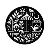 Black and White Circular Illustration Garden Scene with Teapot, Umbrella, Moon, and Floral Elements in a Modern Geometric Style. vector