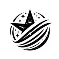 Celestial Abstract Emblem A Dynamic Black Starburst Encircled by Streaking Comet Trails and Starry Accents on White. vector