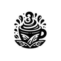 Black and white of a stylized coffee cup with swirls of cream, a leaf , and droplets, on white background. vector