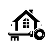 Elegant Black and White Real Estate House and Key with Geometric and Sparkling Accents on a Light Background. vector