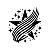 Bold Black and White Stellar A Central Star Emblazoned with Flowing Lines, Surrounded by Sparkling Starbursts, on a Pure White Background. vector