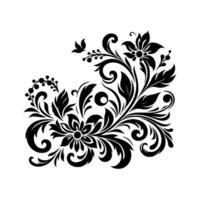 Black and white floral motif featuring stylized flowers, leaves, and ornamental scrollwork, creating a symmetrical elegant composition. vector