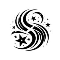 Celestial Symphony A Black and White Featuring Swirling Lines and Starbursts in a Circular Arrangement on White. vector