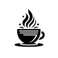 Silhouette of a steaming coffee cup with steam swirls, dots, and saucer, minimalist black and white . vector