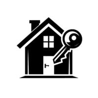 Monochromatic Real Estate House silhouette with a key overlayed, symbolizing property and ownership. vector